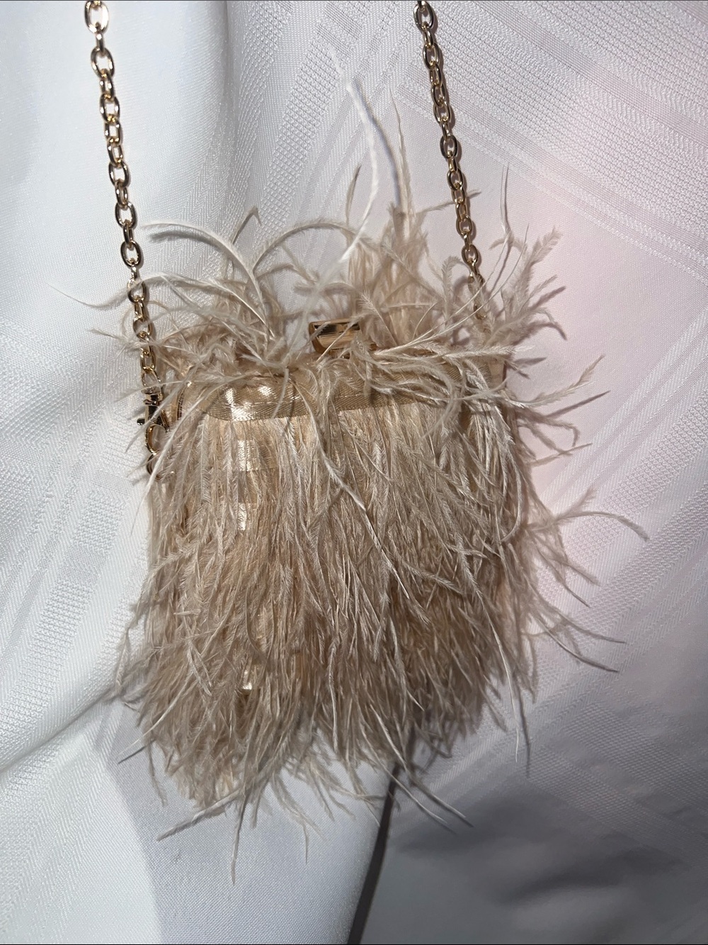 Feathered Beige Crossbody Bag with Gold Chain